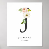 Letter J Monogram Waterverf Peach Florals Nursery Poster (Voorkant)