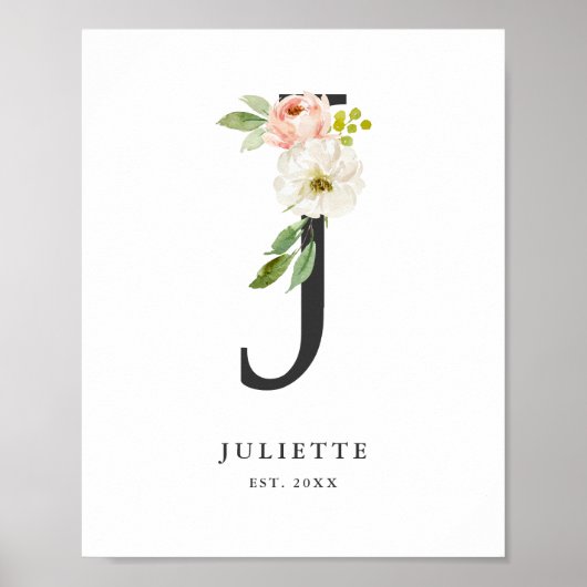 Letter J Monogram Waterverf Peach Florals Nursery Poster (Voorkant)