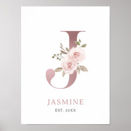 Letter J Monogram Waterverf Roos Bloemen Kinderkam Poster