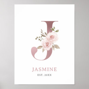 Letter J Monogram Waterverf Roos Bloemen Kinderkam Poster