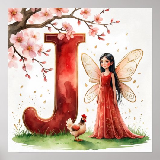 Letter J Rooster Cherry Blossom Fairy Poster Art (Voorkant)