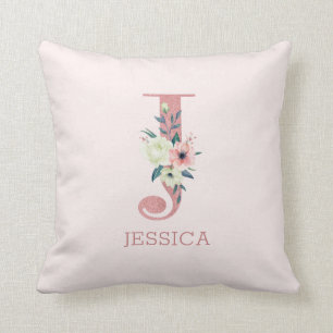 Letter J Roze Waterverf Bloemenkroon Monogram Slaa Kussen