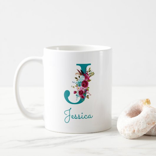 Letter J Turquoise Roze Bloem Koffiemok (Met donut)