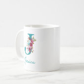 Letter J Turquoise Roze Bloem Koffiemok (Voorkant links)
