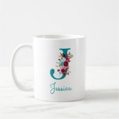 Letter J Turquoise Roze Bloem Koffiemok (Links)