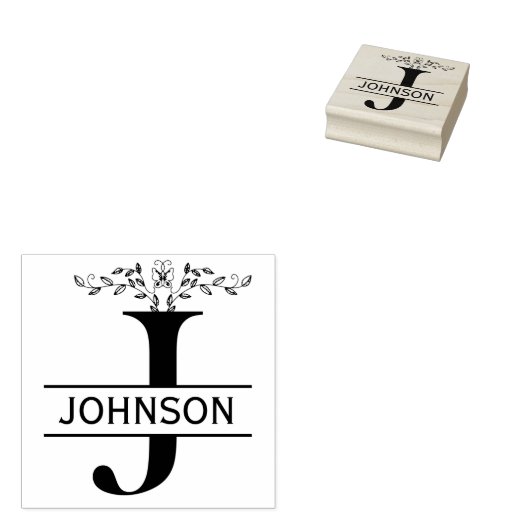 Letter J vlinder verlaat Split Monogram Rubberstempel (Gestempeld)