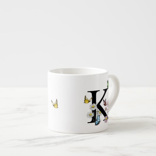 Letter K Bloem Vlinder Monogram Initiaal     Espresso Kop (Voorkant rechts)