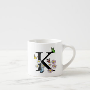 Letter K Bloem Vlinder Monogram Initiaal     Espresso Kop