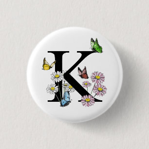 Letter K Bloemenschildering Waterverf Vlinder Mono Ronde Button 3,2 Cm