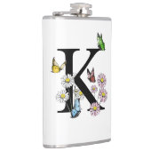 Letter K Bloemrijke Waterverf Vlinder Monogram Heupfles (Rechts)