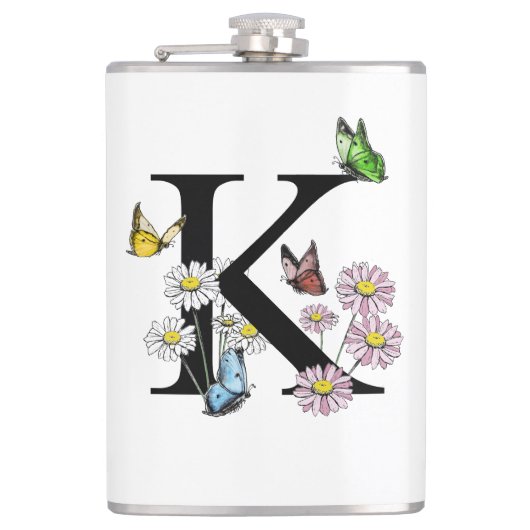 Letter K Bloemrijke Waterverf Vlinder Monogram Heupfles (Voorkant)