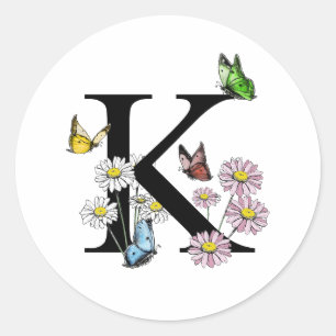 Letter K Bloemrijke Waterverf Vlinder Monogram  Ronde Sticker