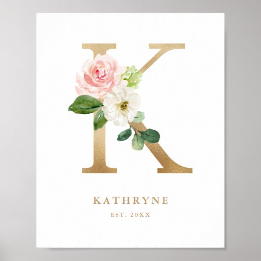 Letter K Blush Floral Monogram Gold Foil Nursery Poster (Voorkant)