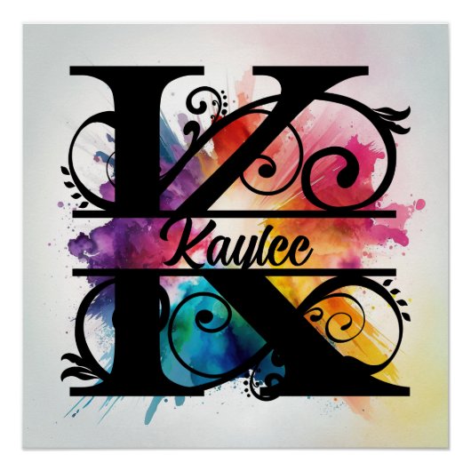 Letter 'K', Bright regenboogmonogram, Kinder naam Perfect Poster (Voorkant)