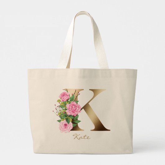 Letter K Elegante Bloemrijke Gouden Monogram Roze  Grote Tote Bag (Achterkant)