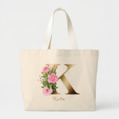 Letter K Elegante Bloemrijke Gouden Monogram Roze  Grote Tote Bag (Voorkant)