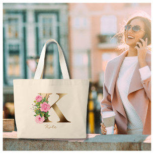 Letter K Elegante Bloemrijke Gouden Monogram Roze  Grote Tote Bag