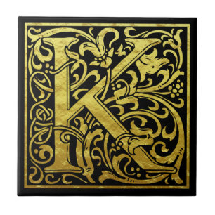 Letter K First Letter Faux Gold Black Tegeltje