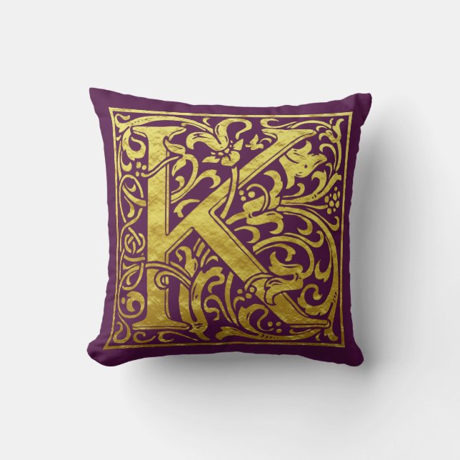 Letter K First Letter Faux Gold en Paars Kussen (Voorkant)