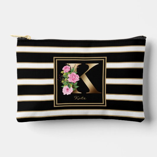 Letter K Floral Monogram Zwart Wit Goud Strepen Etui (Voorkant)