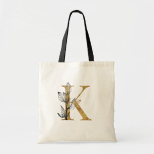 *~* Letter K Gold Monogram Initiaal Black Leaves Tote Bag