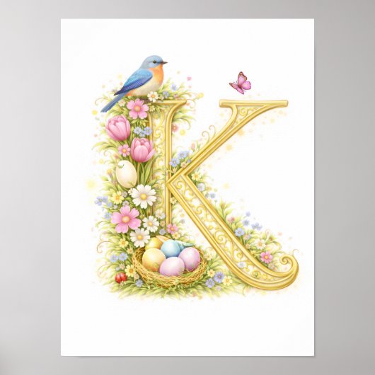 Letter K Gold Spring Nature Monogram Bluebird Kids Poster (Voorkant)