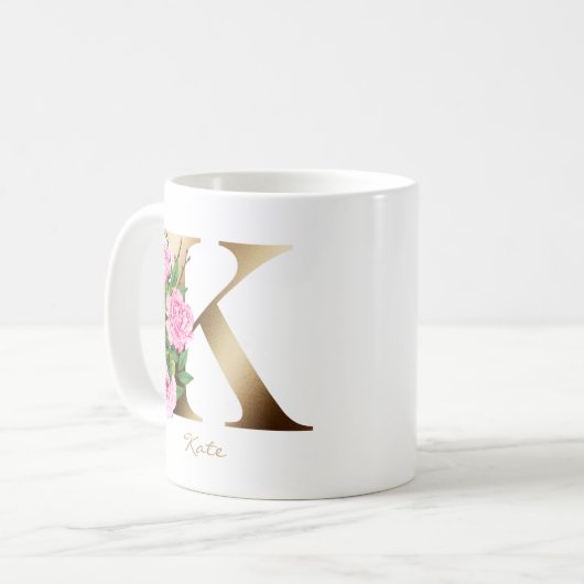 Letter K goud monogram | Rozen Bloemen Koffiemok (Voorkant links)