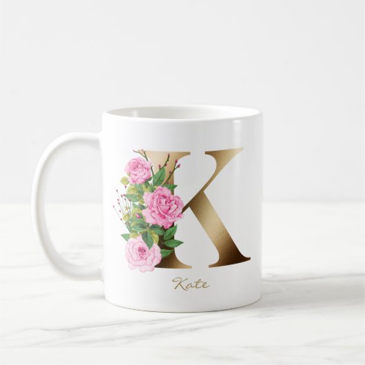 Letter K goud monogram | Rozen Bloemen Koffiemok (Links)