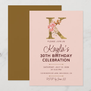 Letter K Gouden Monogram Roze Rozen Kaart