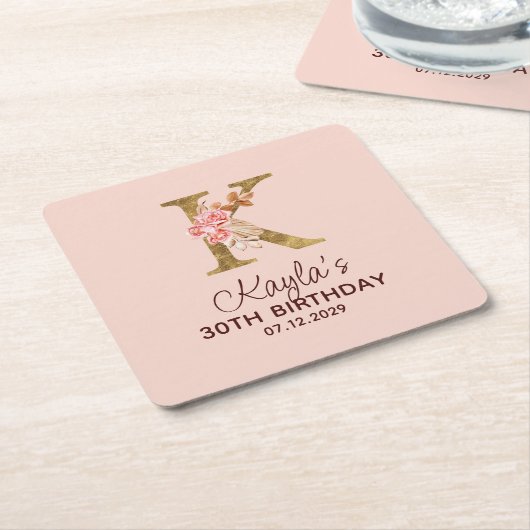 Letter K Gouden Monogram Roze Rozen Kartonnen Onderzetters (Schuin)