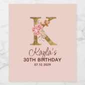 Letter K Gouden Monogram Roze Rozen Wijn Etiket (Enkel label)