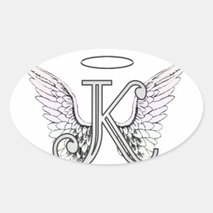 Letter K Initiaal Monogram met Angel Wings & Halo Ovale Sticker