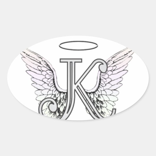 Letter K Initiaal Monogram met Angel Wings & Halo Ovale Sticker (Voorkant)
