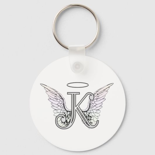 Letter K Initiaal Monogram met Angel Wings & Halo Sleutelhanger (Voorkant)