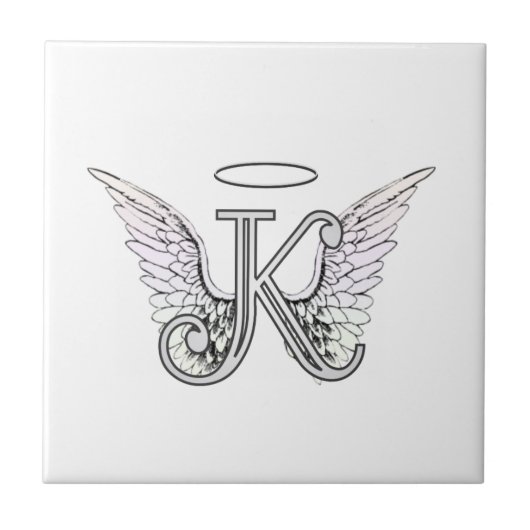 Letter K Initiaal Monogram met Angel Wings & Halo Tegeltje (Voorkant)