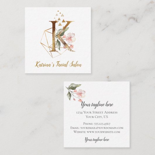 Letter K met Gold Geometric Design en Flowers Vierkante Visitekaartje (Voorkant / Achterkant)