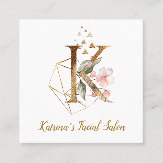 Letter K met Gold Geometric Design en Flowers Vierkante Visitekaartje (Voorkant)