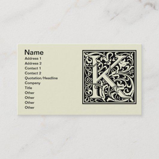 Letter K Middeleeuws Monogram Art Nouveau Visitekaartje (Voorkant)