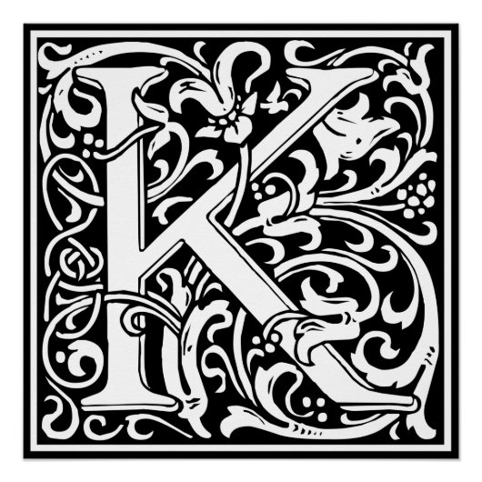 Letter K Middeleeuwse Monogram Art Nouveau Poster (Voorkant)