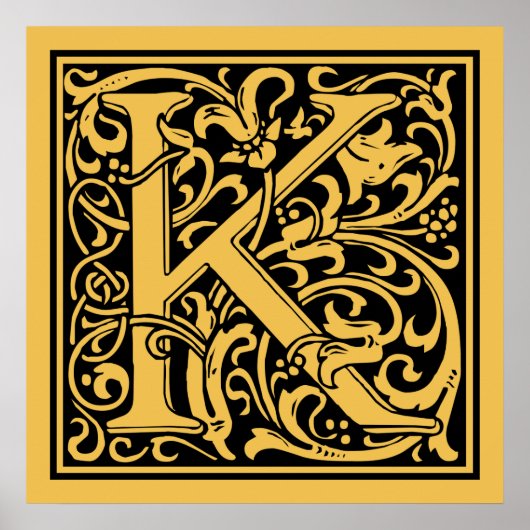 Letter K Middeleeuwse Monogram Art Nouveau Poster (Voorkant)