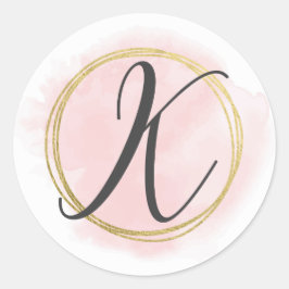 Letter K Monogram Blush Roze Waterverf Goud Chic Ronde Sticker