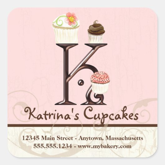 Letter K Monogram Cupcake Initiaal Art Business Vierkante Sticker (Voorkant)