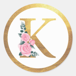 Letter K Monogram Roze Rozen Bloemen & Elegant Gou Ronde Sticker
