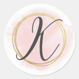 Letter K Monogram Roze Waterverf Goud Chic Ronde Sticker