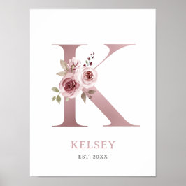 Letter K Monogram Waterverf Roos Bloemen Kinderkam Poster