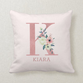 Letter K Roze Waterverf Bloemen Monogram Kinderkam Kussen