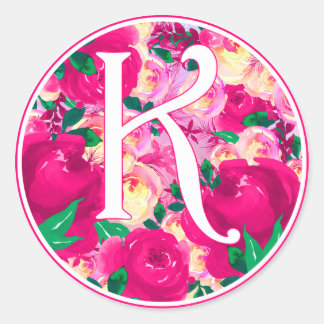 Letter K Roze Waterverf Bloemencirkel Monogram Ronde Sticker