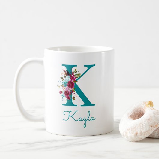 Letter K Teal Roze Bloem Koffiemok (Met donut)