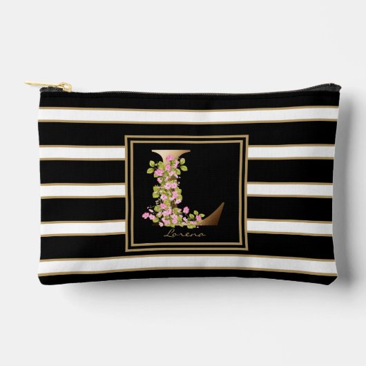 Letter L Bloemmonogram Zwart Wit Gouden Strepen Etui (Voorkant)