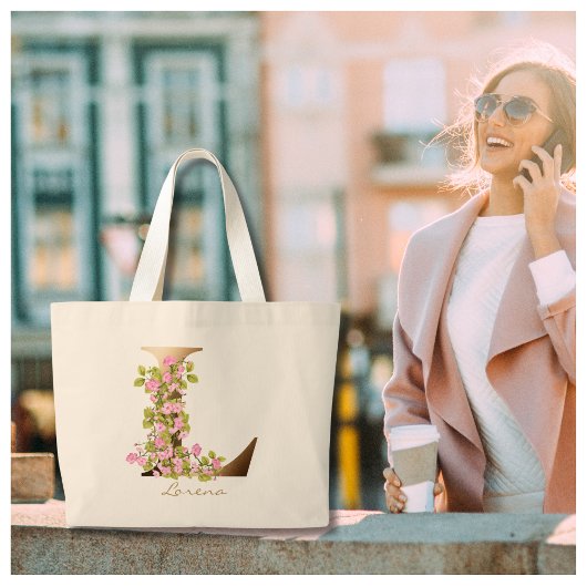Letter L Elegante Bloem Goud Monogram Grote Tote Bag